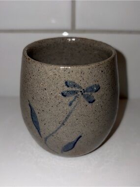 Handcrafted Speckled Ceramic Vase with Blue Floral Accent